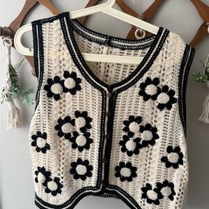 Crochet Floral Vest in Black and Cream - Emery Rose Size Large